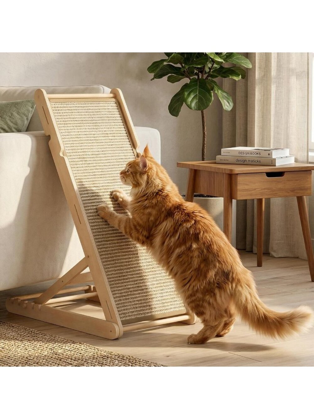 31” Wooden Cat Scratching Board with Adjustable Heights & Replaceable Sisal Mat